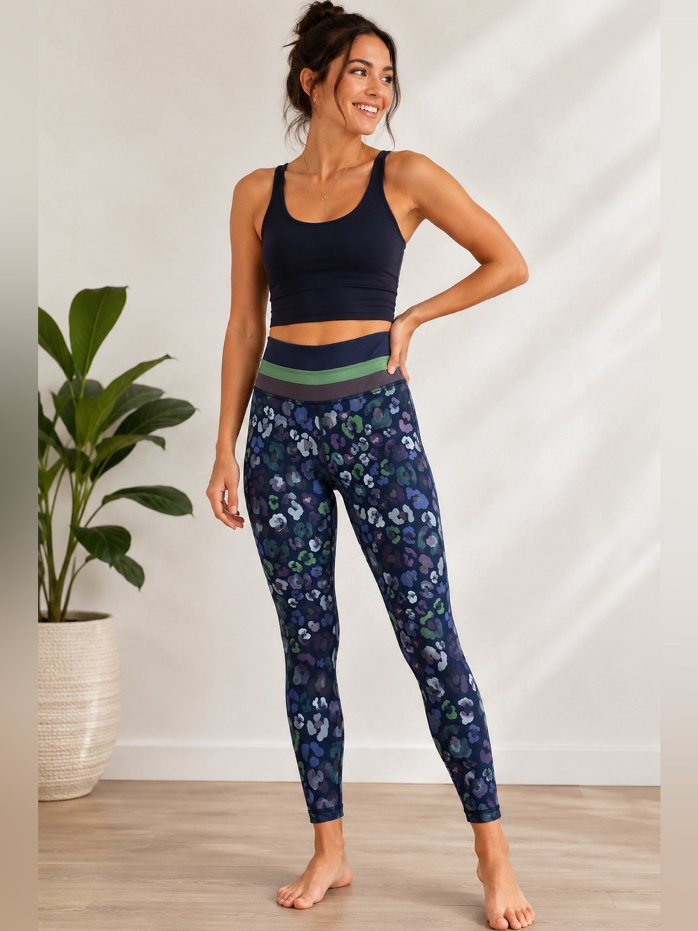 Athleta Elation 7/8 Tight Leggings Small Navy Green Leopard Print Yoga Workout